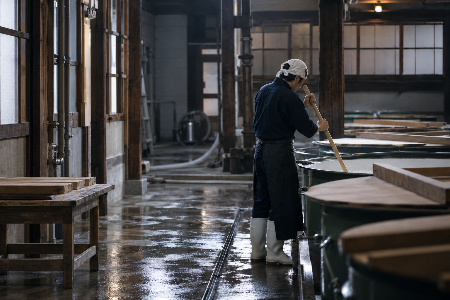 日本酒酒藏內職人進行釀造作業的場景