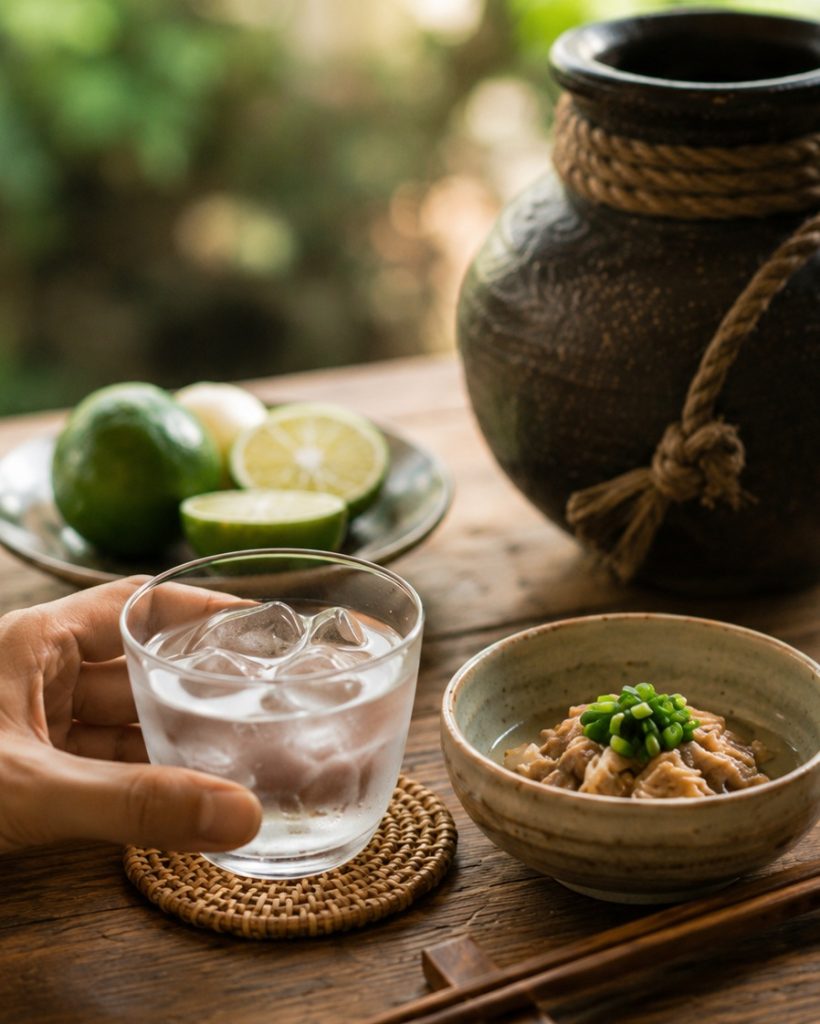 Discover Japan 冰飲本格燒酎與陶器、小菜及柑橘的餐桌場景